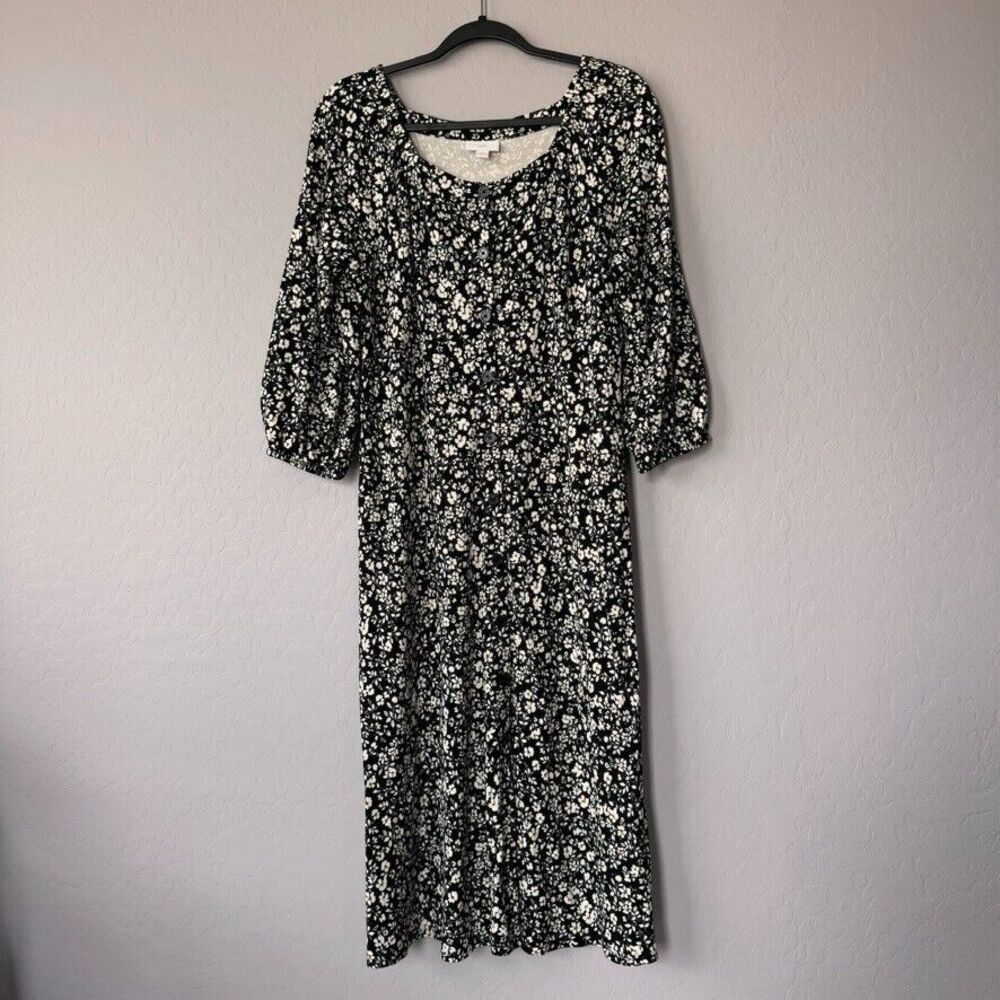 J.Jill Medium Black White Yellow Floral Button Up 3/4 Sleeve Midi Dress